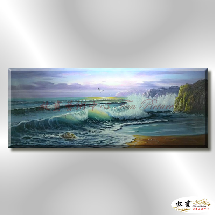 浪景W14 純手繪 油畫 橫幅 藍色 冷色系 大海 藍天 海灣 海浪 夕陽 裝潢 室內設計 客廳掛畫