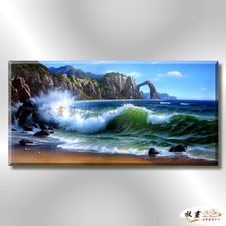 浪景W20 純手繪 油畫 橫幅 藍綠 冷色系 大海 藍天 海灣 海浪 夕陽 裝潢 室內設計 實拍影片