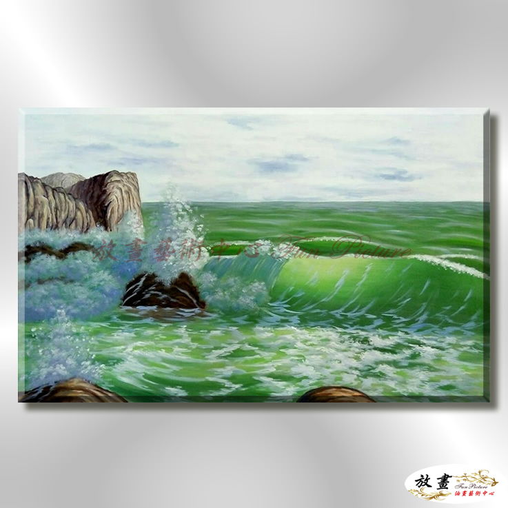 浪景W21 純手繪 油畫 橫幅 綠色 冷色系 大海 藍天 海灣 海浪 夕陽 裝潢 室內設計 客廳掛畫