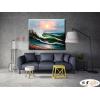 浪景W22 純手繪 油畫 橫幅 藍綠 冷色系 大海 藍天 海灣 海浪 夕陽 裝潢 室內設計 客廳掛畫