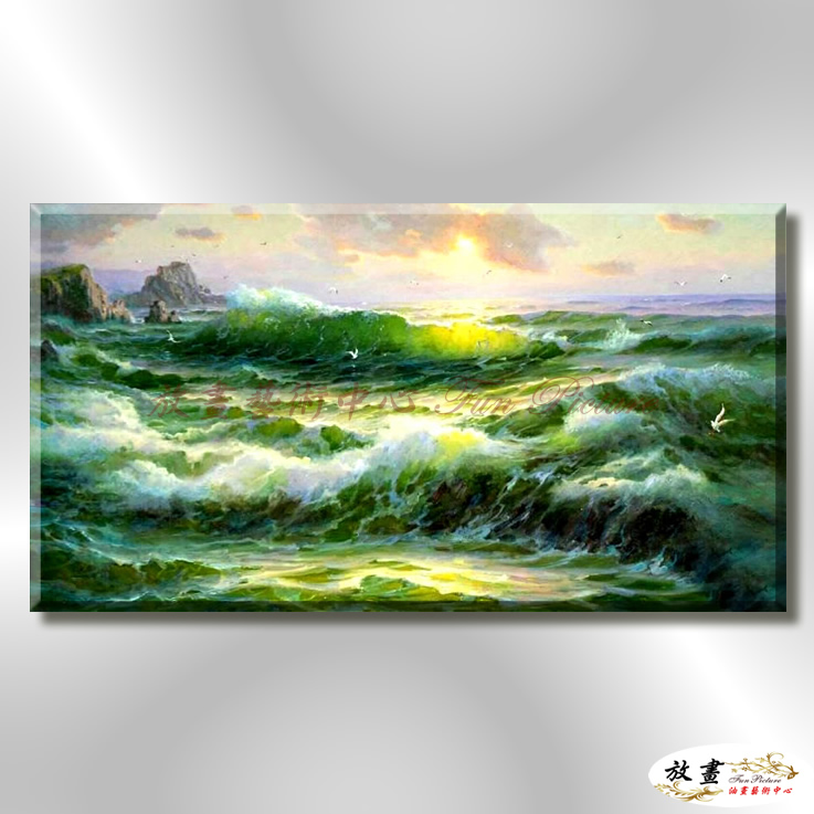 浪景W23 純手繪 油畫 橫幅 綠色 冷色系 大海 藍天 海灣 海浪 夕陽 裝潢 室內設計 客廳掛畫