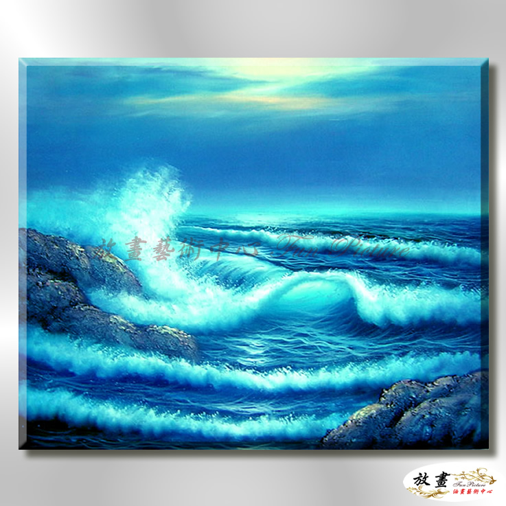 浪景W24 純手繪 油畫 橫幅 藍色 冷色系 大海 藍天 海灣 海浪 夕陽 裝潢 室內設計 客廳掛畫