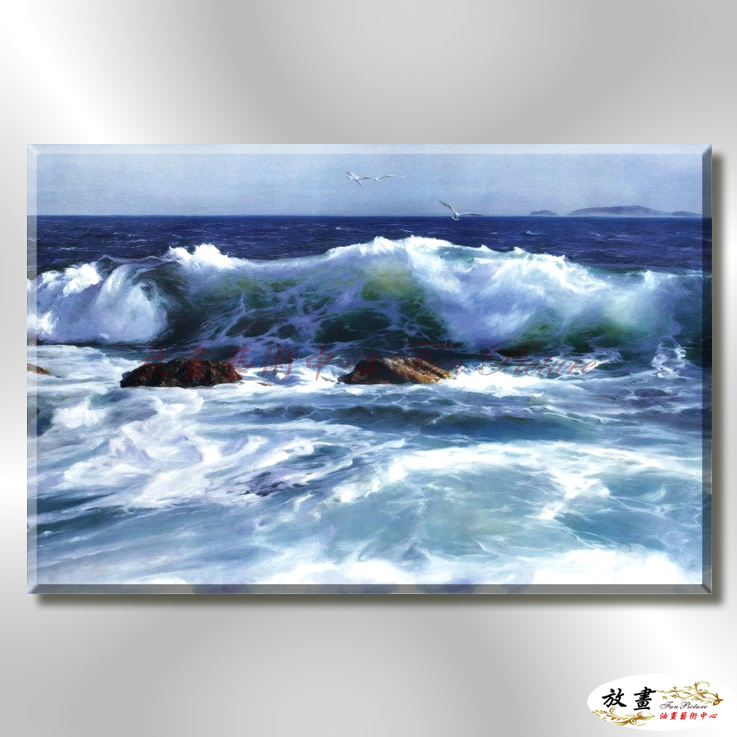 浪景W30 純手繪 油畫 橫幅 藍色 冷色系 大海 藍天 海灣 海浪 夕陽 裝潢 室內設計 客廳掛畫