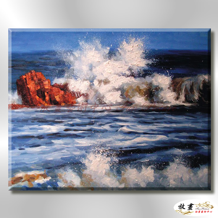 浪景W32 純手繪 油畫 橫幅 藍色 冷色系 大海 藍天 海灣 海浪 夕陽 裝潢 室內設計 客廳掛畫