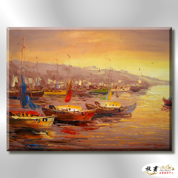 船景S10 純手繪 油畫 橫幅 黃橙 暖色系 大海 藍天 海灣 海浪 夕陽 裝潢 室內設計 客廳掛畫