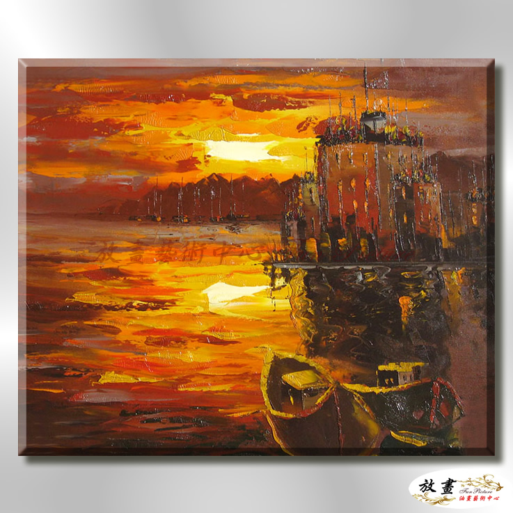 船景S15 純手繪 油畫 橫幅 黃橙 暖色系 大海 藍天 海灣 海浪 夕陽 裝潢 室內設計 客廳掛畫