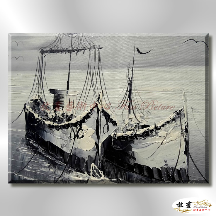 船景S37 純手繪 油畫 橫幅 灰黑 中性色系 大海 藍天 海灣 海浪 夕陽 裝潢 室內設計 客廳掛畫