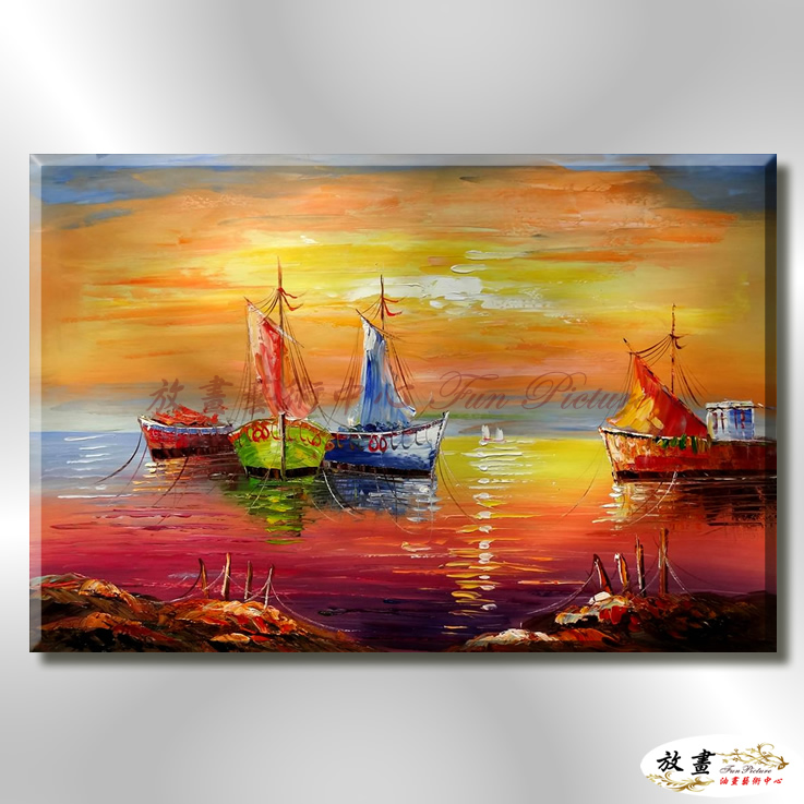 船景S50 純手繪 油畫 橫幅 紅橙 暖色系 大海 藍天 海灣 海浪 夕陽 裝潢 室內設計 客廳掛畫