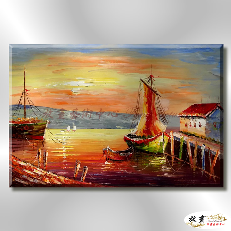 船景S51 純手繪 油畫 橫幅 紅橙 暖色系 大海 藍天 海灣 海浪 夕陽 裝潢 室內設計 客廳掛畫