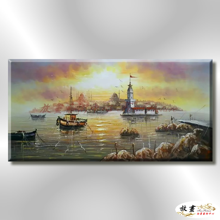 船景S60 純手繪 油畫 橫幅 灰黃 中性色系 大海 藍天 海灣 海浪 夕陽 裝潢 室內設計 客廳掛畫