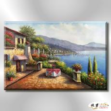 地中海風景De110 純手繪 油畫 橫幅 藍綠 冷色系 浪漫 歐式 咖啡廳 民宿 餐廳 海岸線 藝術品