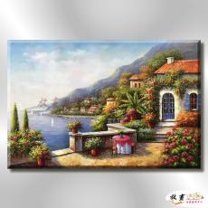 地中海風景De111 純手繪 油畫 橫幅 藍綠 冷色系 浪漫 歐式 咖啡廳 民宿 餐廳 海岸線 藝術品