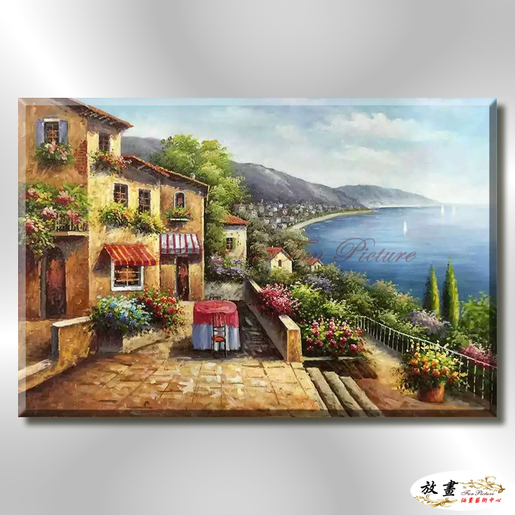 地中海風景De112 純手繪 油畫 橫幅 藍綠 冷色系 浪漫 歐式 咖啡廳 民宿 餐廳 海岸線 藝術品