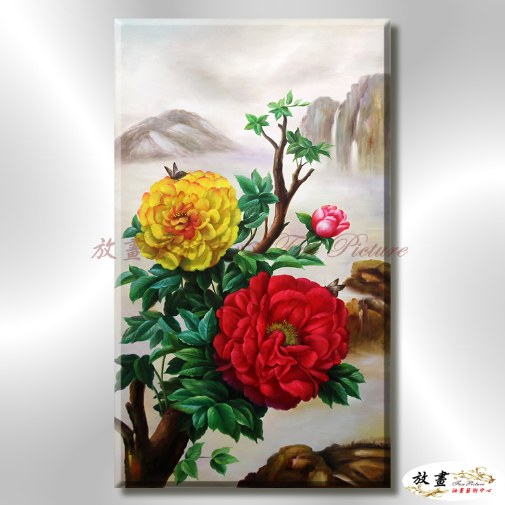 寫實牡丹M352 純手繪 油畫 直幅 紅黃 暖色系 文公尺 吉祥 招財 風水 命理 花卉 藝品 實拍影片