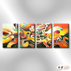 4拼抽象R02 純手繪 油畫 直幅*4 橙綠 中性色系 線條 裝飾 畫飾 無框畫 民宿 餐廳 室內設計