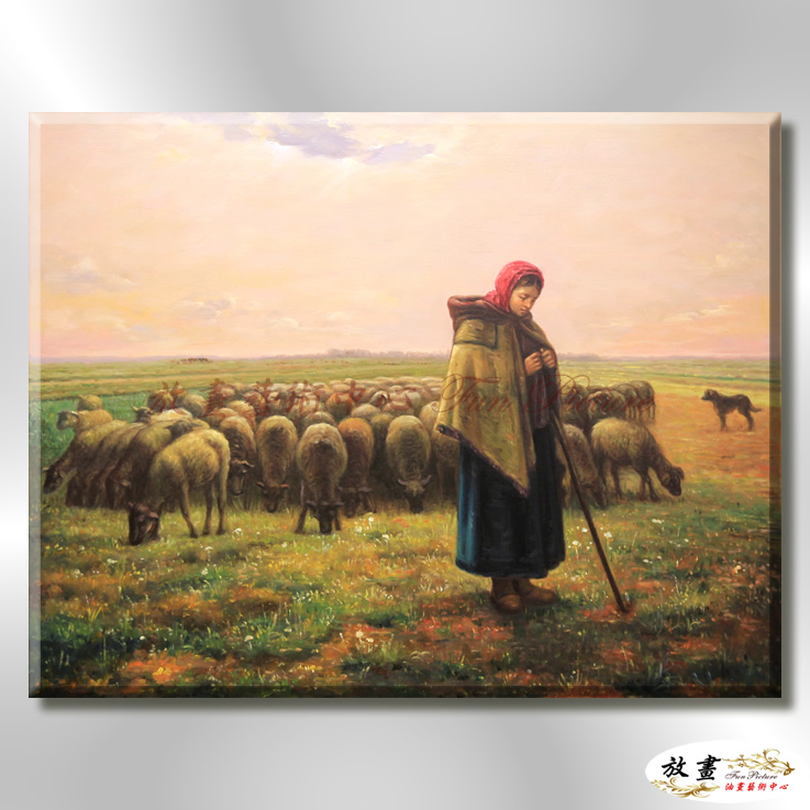 牧羊女與羊群M29 高仿臨摹名畫 油畫 橫幅 黃褐 暖色系 寫實 Motel 民宿 餐廳 裝飾 實拍影片